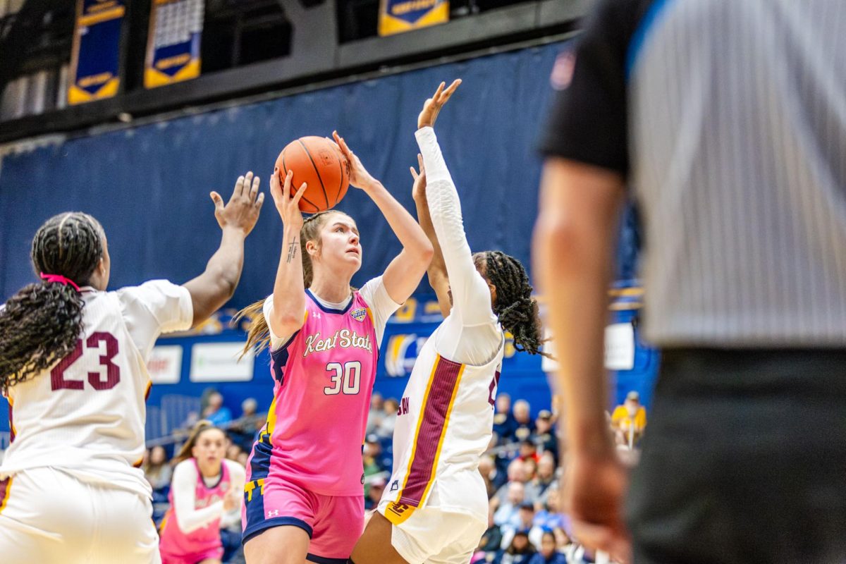 Kent junior Riley Rismiller goes up for a layup during the women's basketball game against Central Michigan University on Feb. 28, 2026.