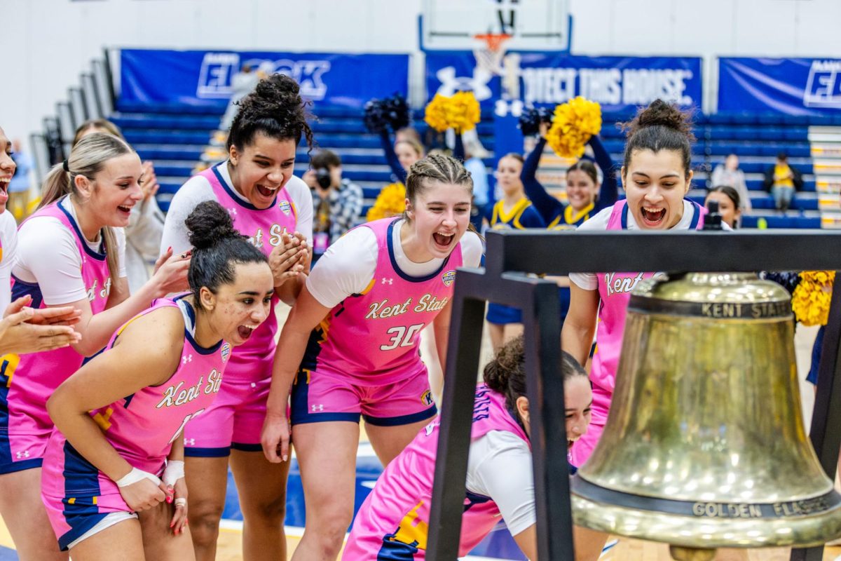 Kent State Women's Basketball celebrates after their upset victory against Central Michigan University on Feb. 28, 2026.