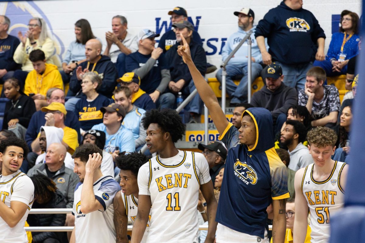 Kent players celebrate on the bench after a point was scored in the second half of their game against Western Michigan on March 6, 2026.