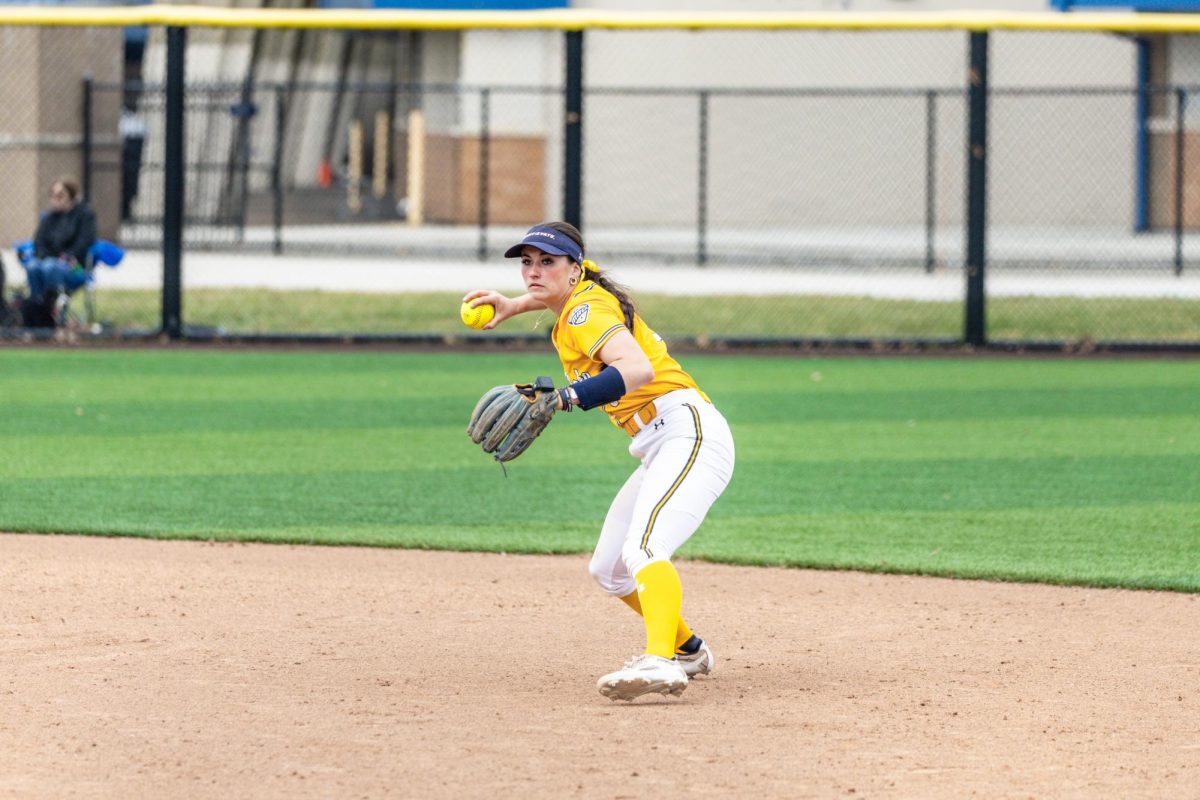 Kent senior Brynn Libler prepares to throw to first base in their double header against Mercyhurst on March 25, 2026.