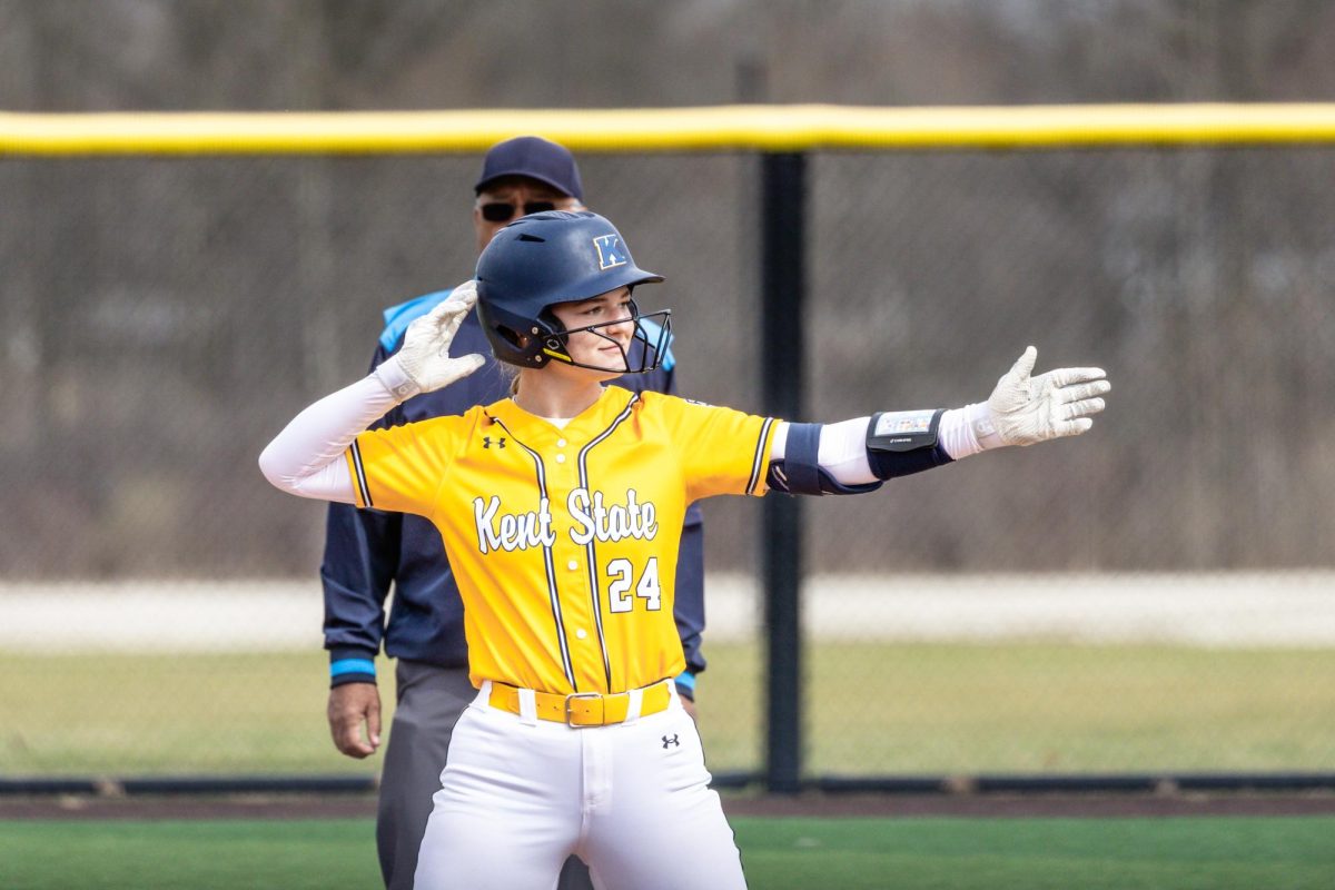 Kent freshman Gabby Quinn celebrates a big hit in their double header against Mercyhurst on March 25, 2026.