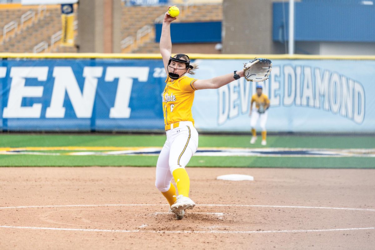 Kent freshman Riley Miller winds up to pitch in their double header against Mercyhurst on March 25, 2026.