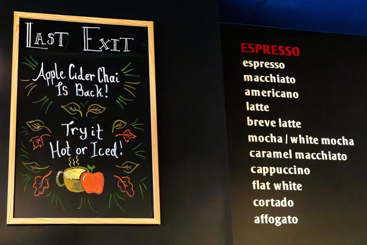 Last Exit coffee shop lists a variety of different coffee choices for customers to choose from, March 28, 2026.