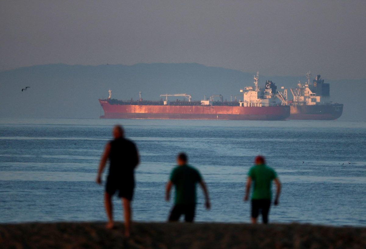 Oil tankers sit anchored off the coast of Seal Beach in California, on March 17.