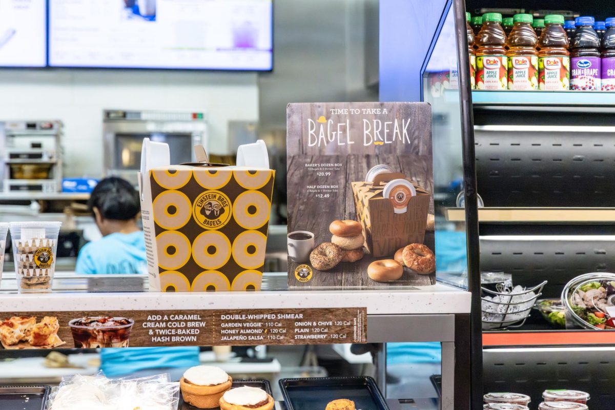 Signs at Einstein Bros on April 2, 2026.