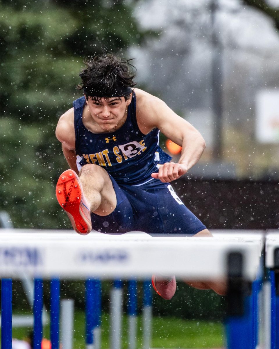 Kent sophomore Beau Harkelroad competes in the hurdles at the Northeast Ohio Open on April 10, 2026.
