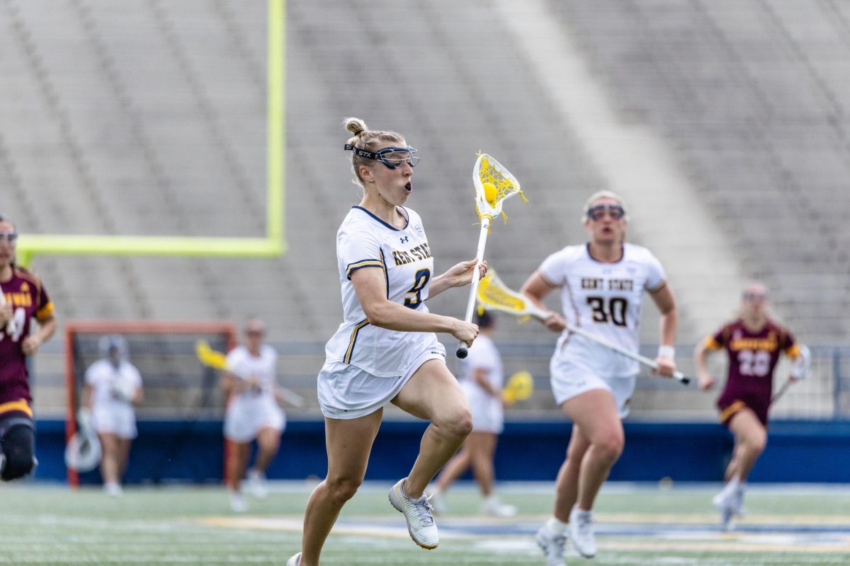 Kent State Junior Morgan Halli attacks during their game against Central Michigan on April 18, 2026.
