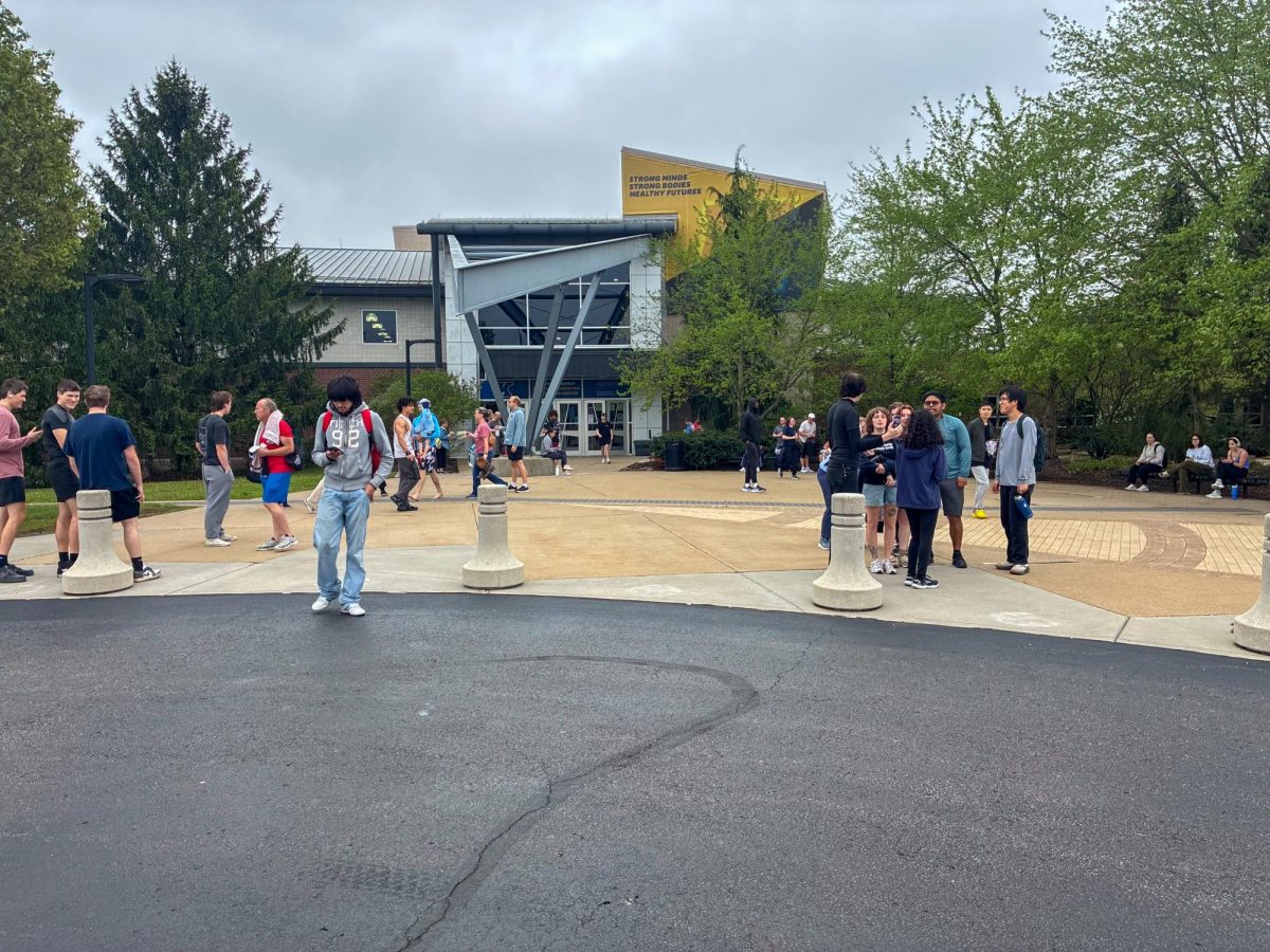 Students stand outside the Beverly J. Warren Student Recreation and Wellness Center due to sewage issues on Saturday, April 25, 2026.