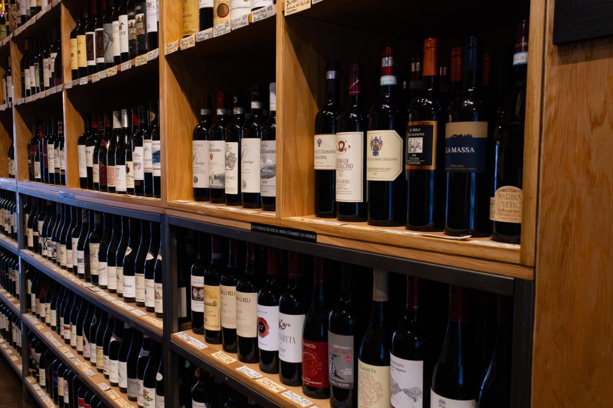 A wide selection of wine on display for customers to buy at the River Merchant on March 31, 2026.