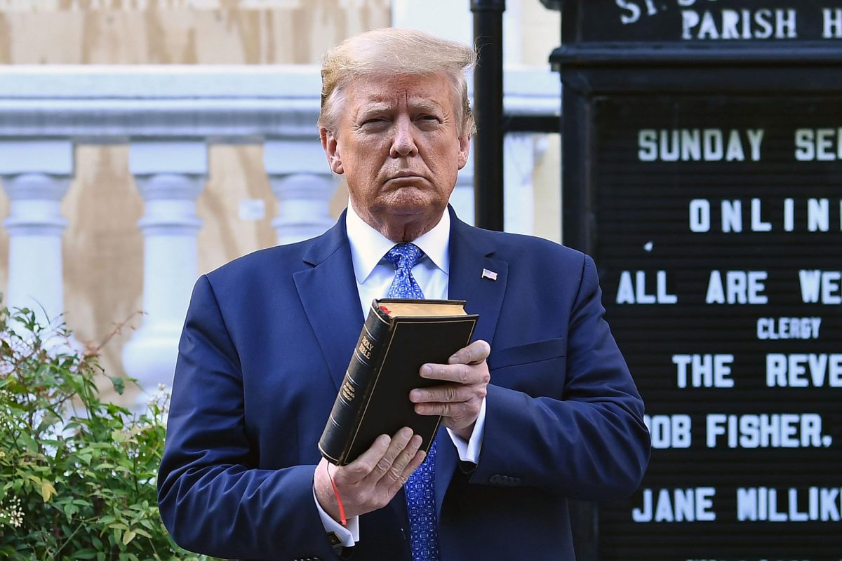 US President Donald Trump holds up a Bible outside of St. John's Episcopal Church in Washington, DC, on June 1, 2020.