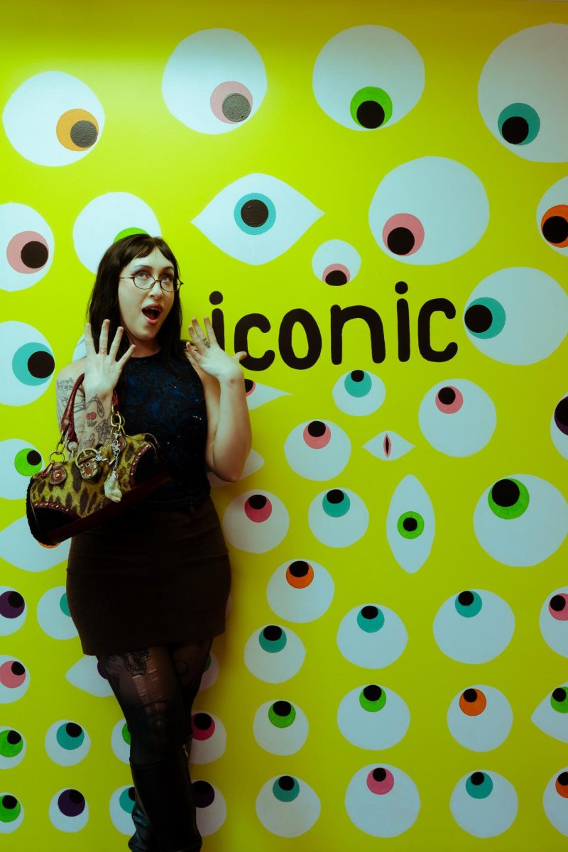 Model for Fruity Films, Devon, poses in front of one of the walls located in their studio.